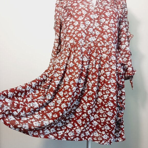 INA, NWT, Mini Dress, MED, Rust Floral Print Ruffle Accents 3/4 Sleeve Feminine - Picture 10 of 16